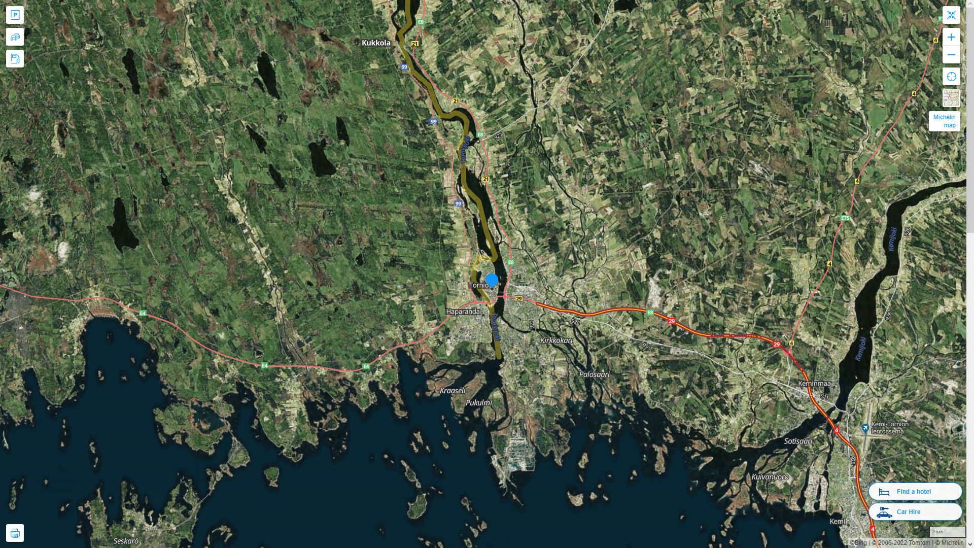 Tornio Finlande Autoroute et carte routiere avec vue satellite